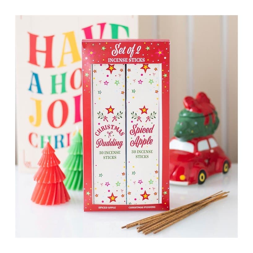 Two packs of Christmas incense sticks in a colour cardboard box with a window
