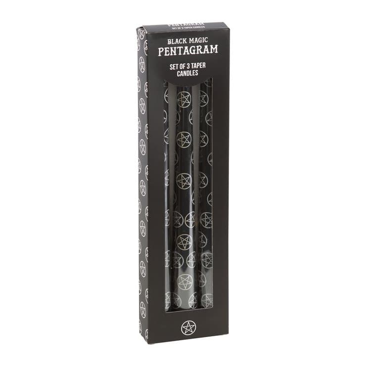 Three black taper candles with a pentagram design