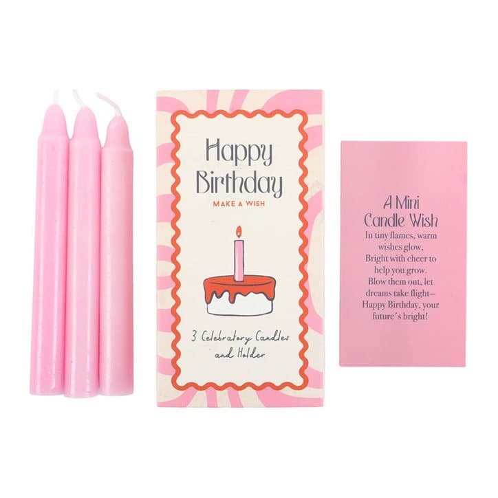 Set of 3 pink happy birthday candles in a box