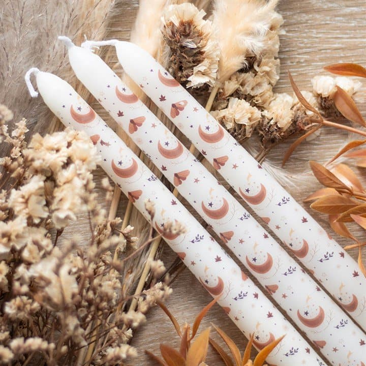 Set of three Harvest Moon taper candles in a colour cardboard box