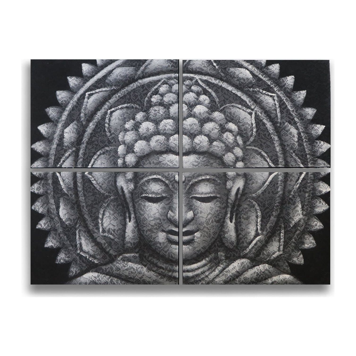 Set of four Buddha mandala brocade detail paintings in wooden frames