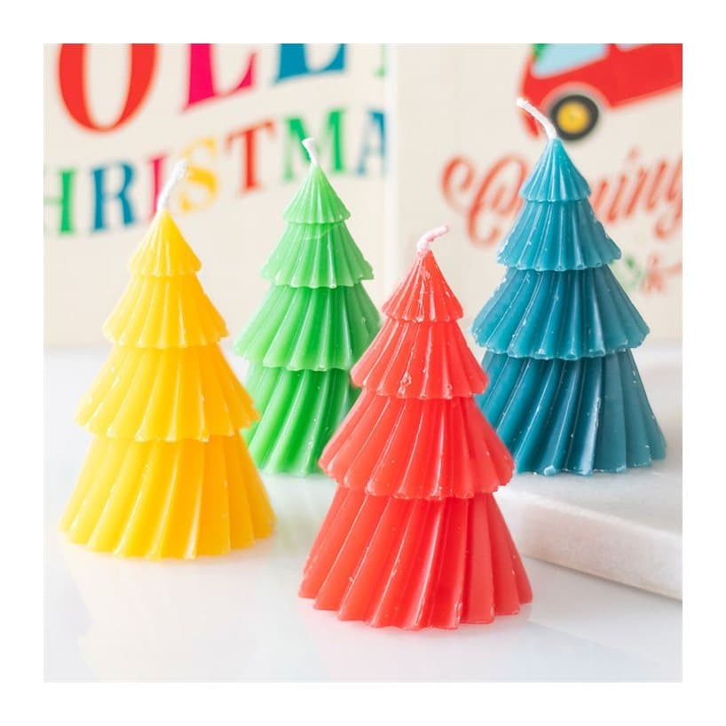 Four Christmas tree candles in red, blue, green and yellow
