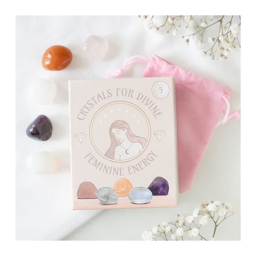 Set of five crystals in a colour cardboard box
