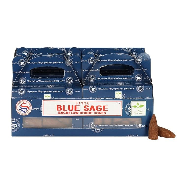 Display box of Blue Sage backflow incense cone packs by Satya