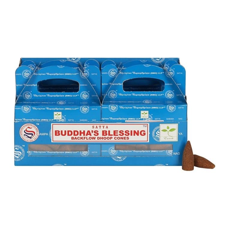 Colour cardboard box of Buddha's Blessing backflow incense cones by Satya
