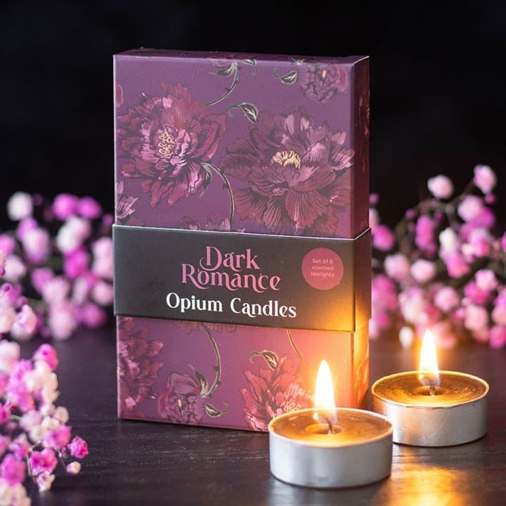 Set of six Dark Romance tealight candles in a dark botanical box