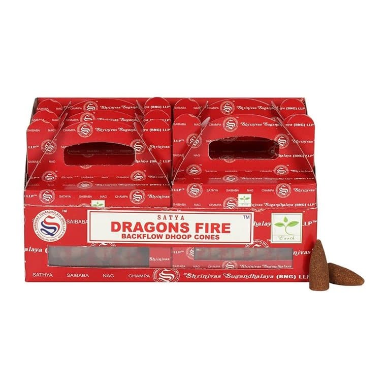 Colour cardboard box of Dragons Fire backflow incense cones by Satya