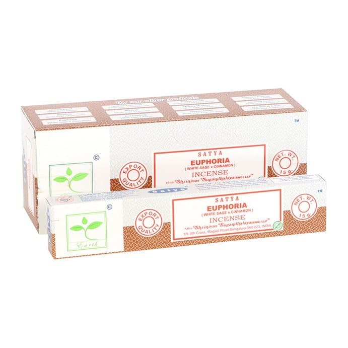 Display box of six packs of Satya Earth Euphoria incense sticks