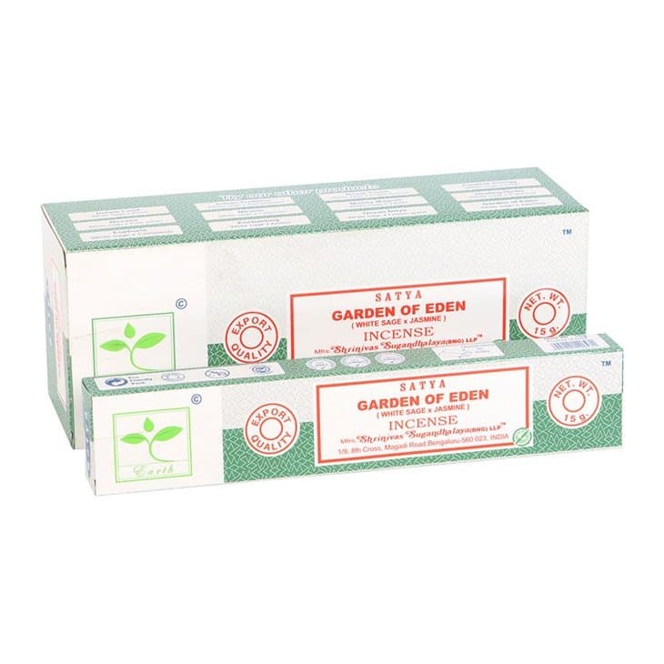 Display box of six packs of Satya Earth Garden of Eden incense sticks