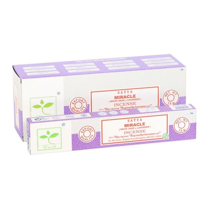 Display box of six packs of Satya Earth Miracle incense sticks