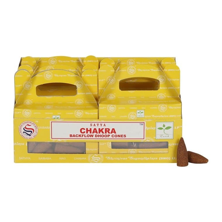 Colour cardboard box of Chakra backflow incense cones by Satya
