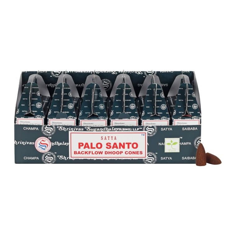 Colour cardboard box of Palo Santo backflow incense cones by Satya