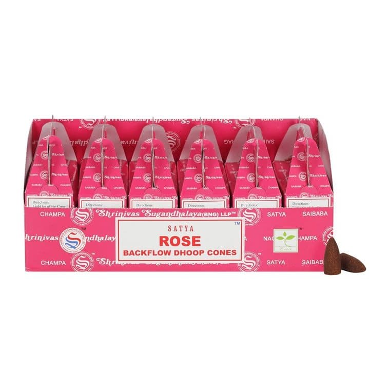 Colour cardboard box of Rose backflow incense cones by Satya