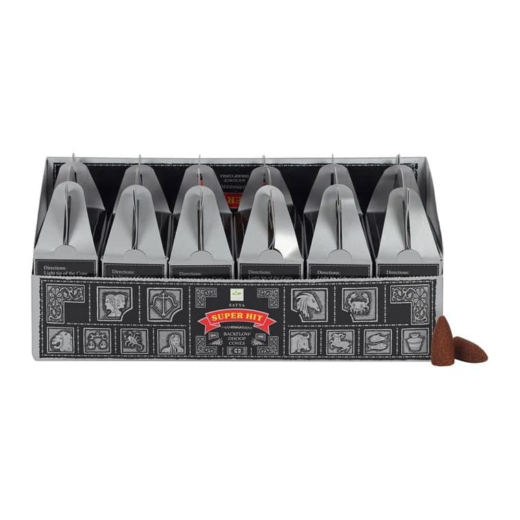 Colour cardboard box of Superhit backflow incense cones by Satya