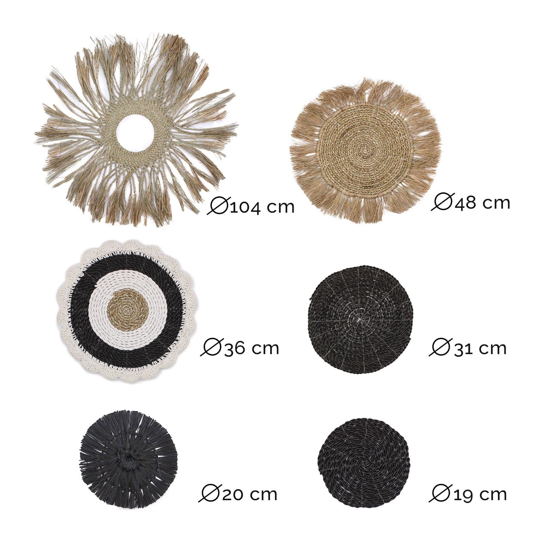 Set of six seagrass and rattan wall art pieces, Abu-Abu Collection