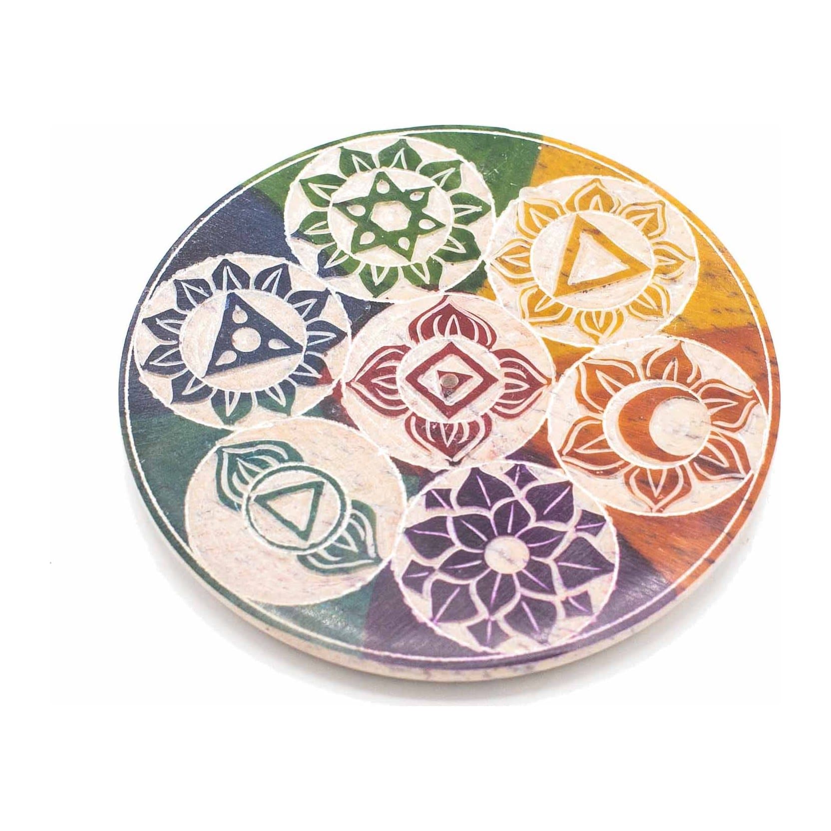 Soapstone disc incense cone holder with seven chakra symbols