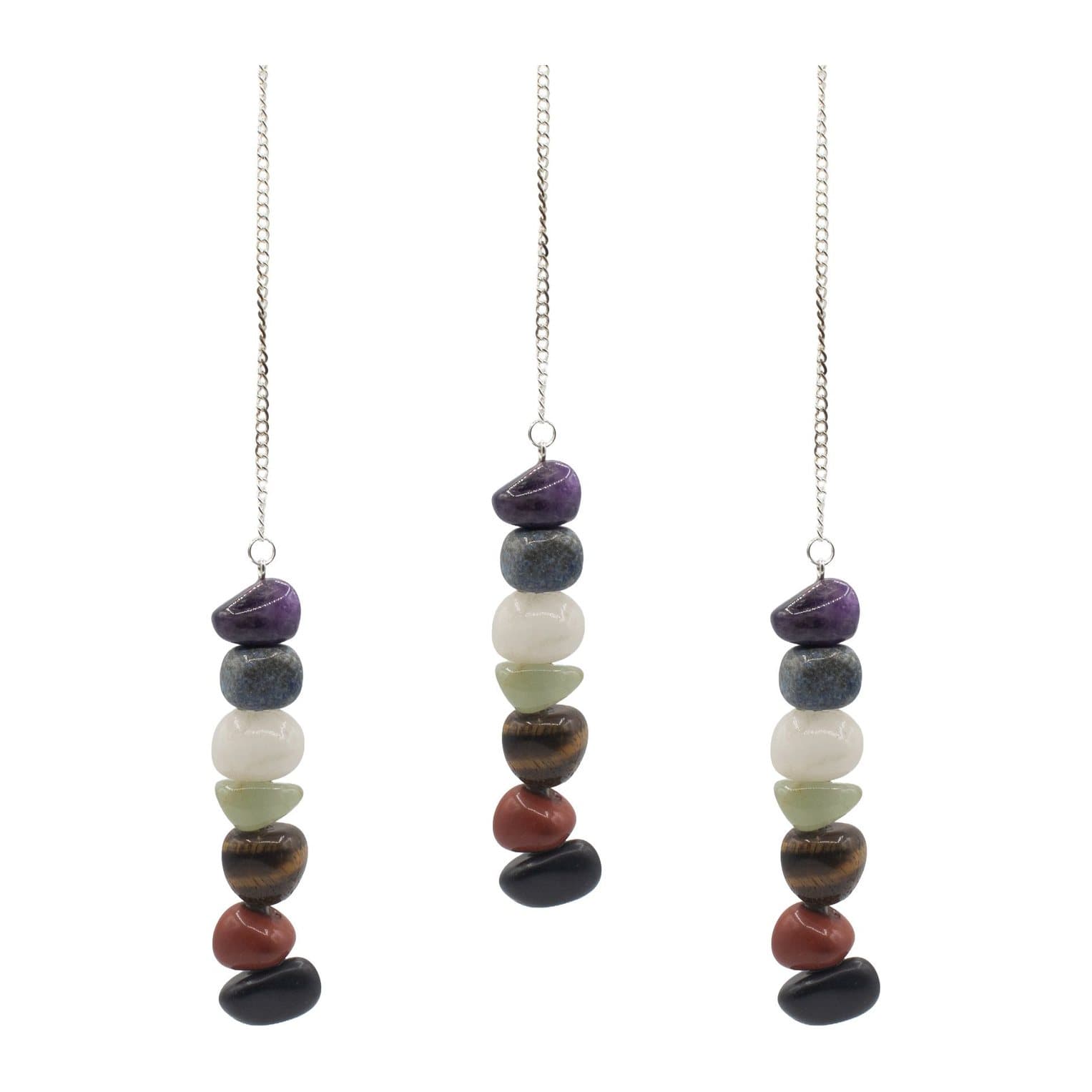 Chakra pendulum made from a stack of colourful polished tumblestones