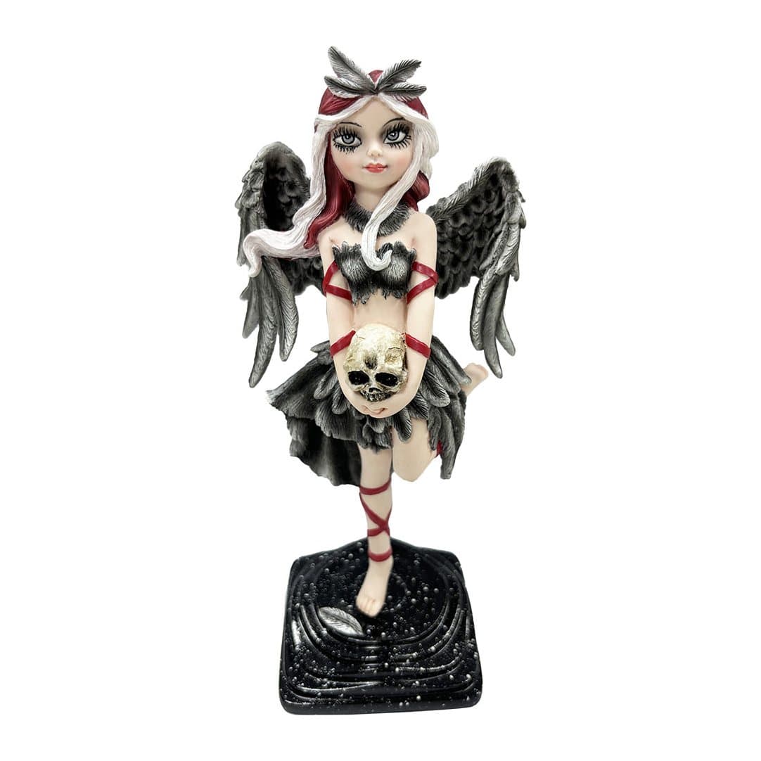 Shadow Fae gothic fairy figurine with feathered skirt holding a skull