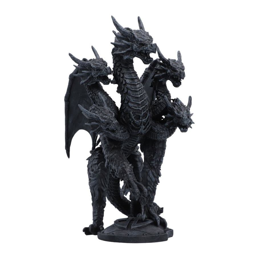 Black five-headed dragon figurine standing on a black shield