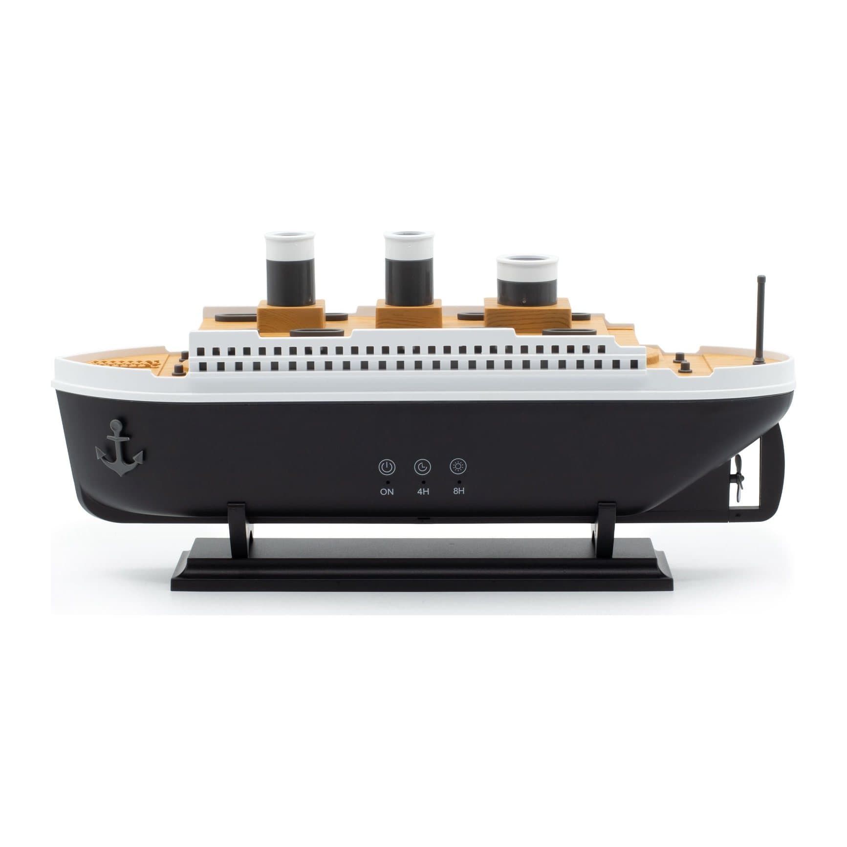 Ship-shaped aroma diffuser with mist rising from the chimneys and a colour-changing light