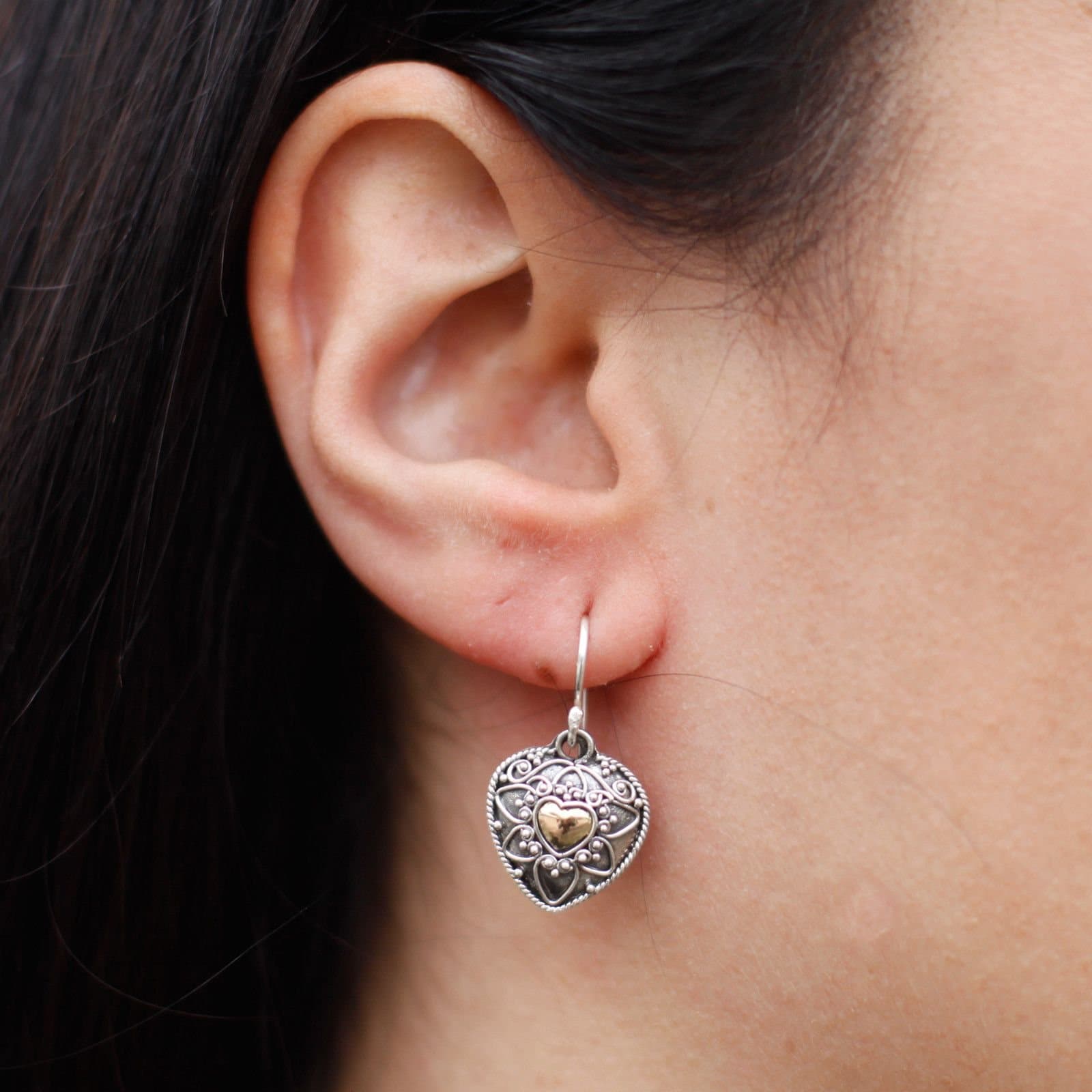 Silver and gold mandala hearts earring with a hook fitting