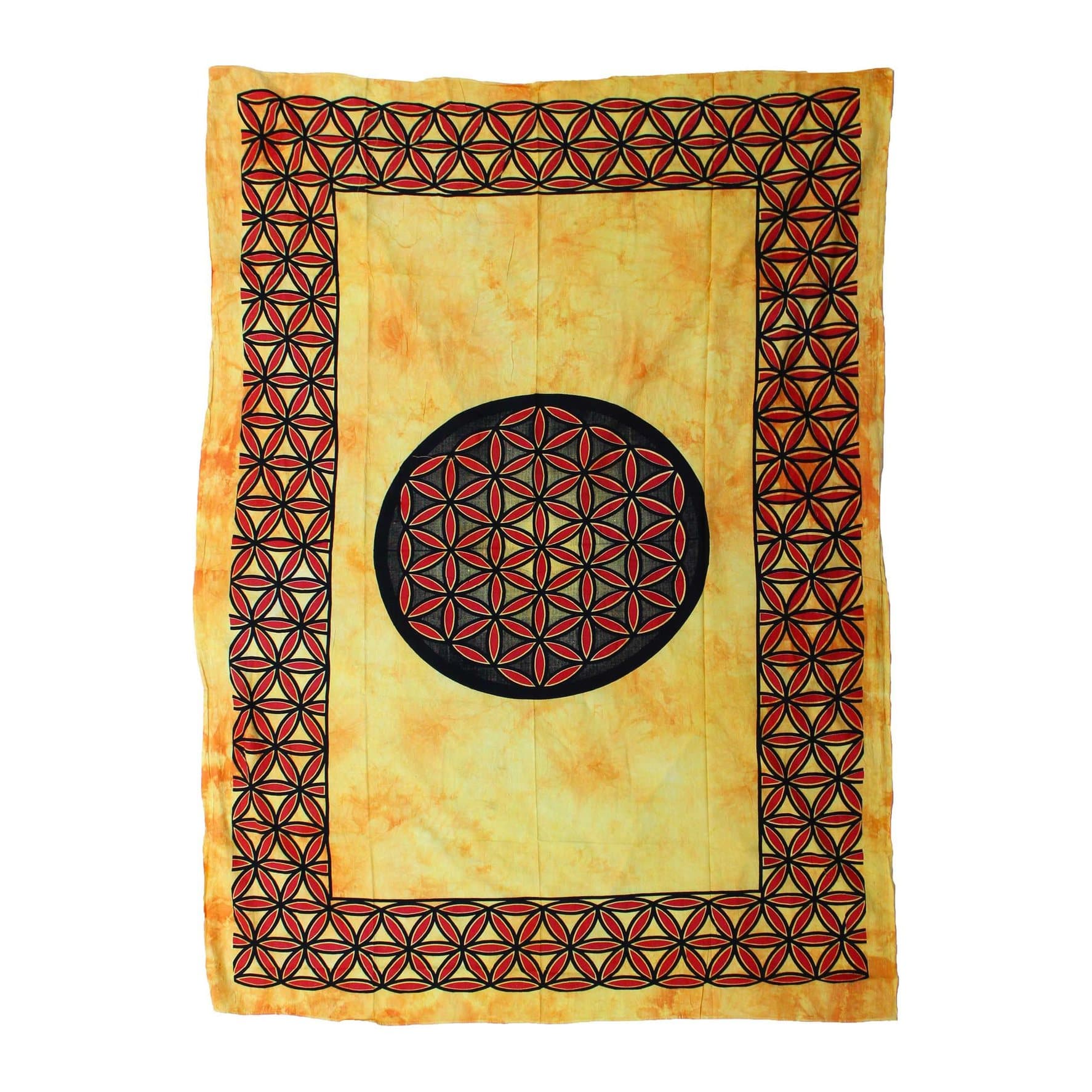 Orange cotton bedspread and wall hanging with a Flower of Life design