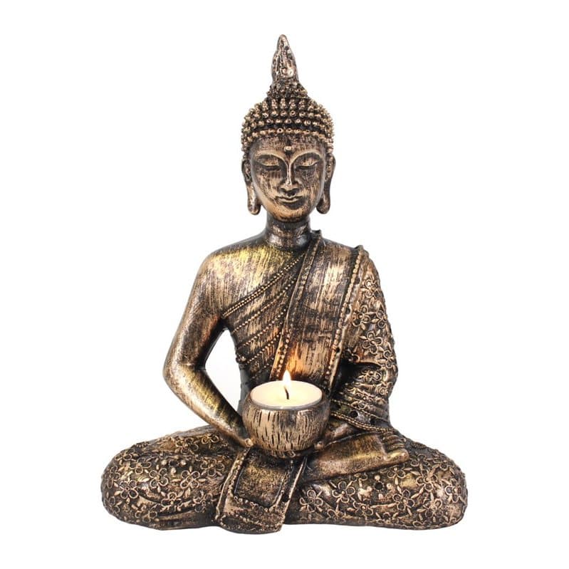 Sitting Thai Buddha tealight holder in rustic effect resin