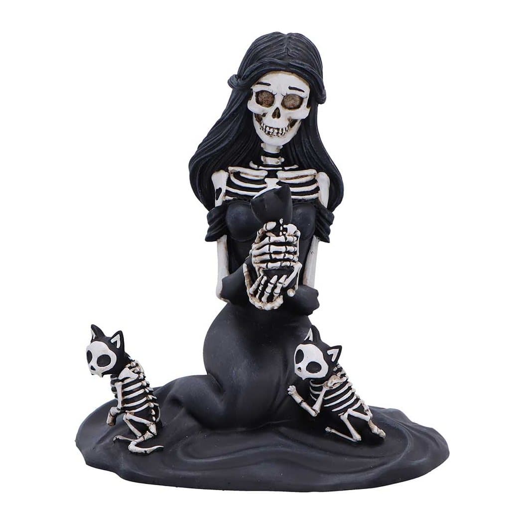 Kneeling female skeleton figurine in a black gown with three skeletal cats