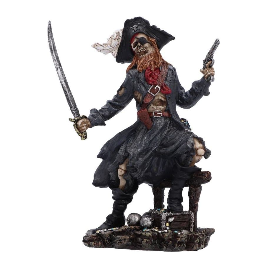 Skeletal pirate king figurine with black hat, beard, sword and gun on a rock base