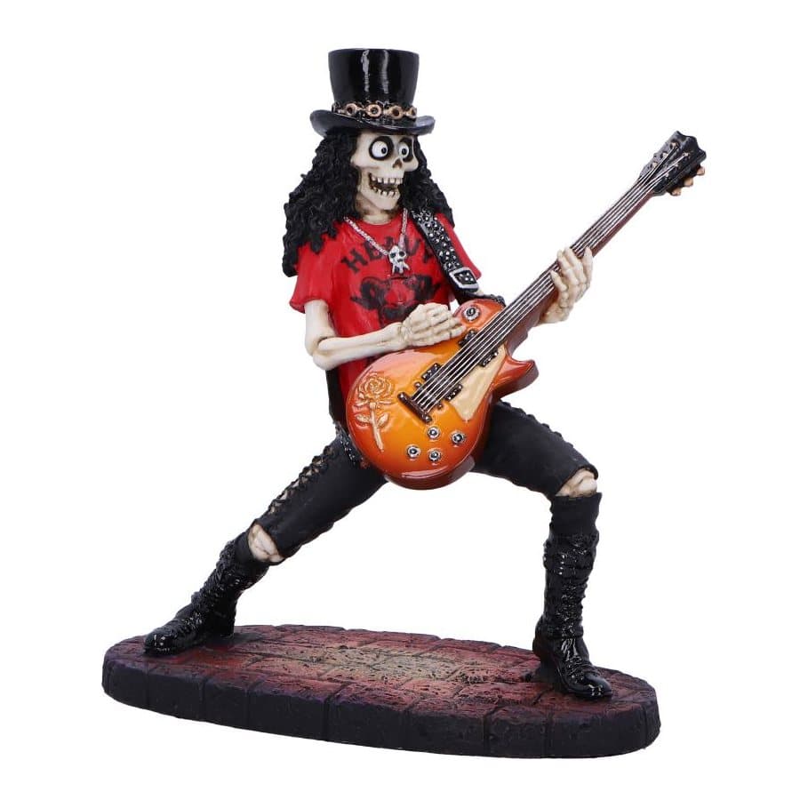 Skeleton figurine with black hair and top hat playing guitar