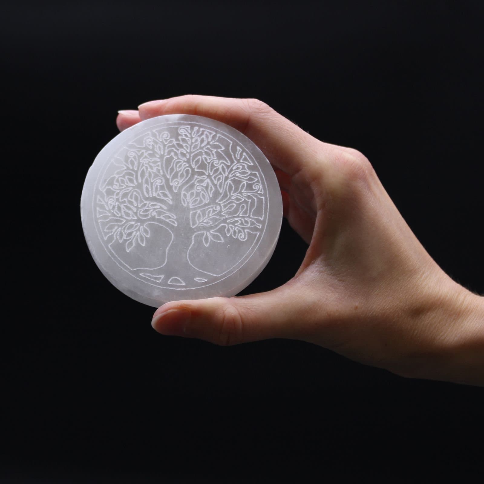 Square selenite charging plate with a tree of life design