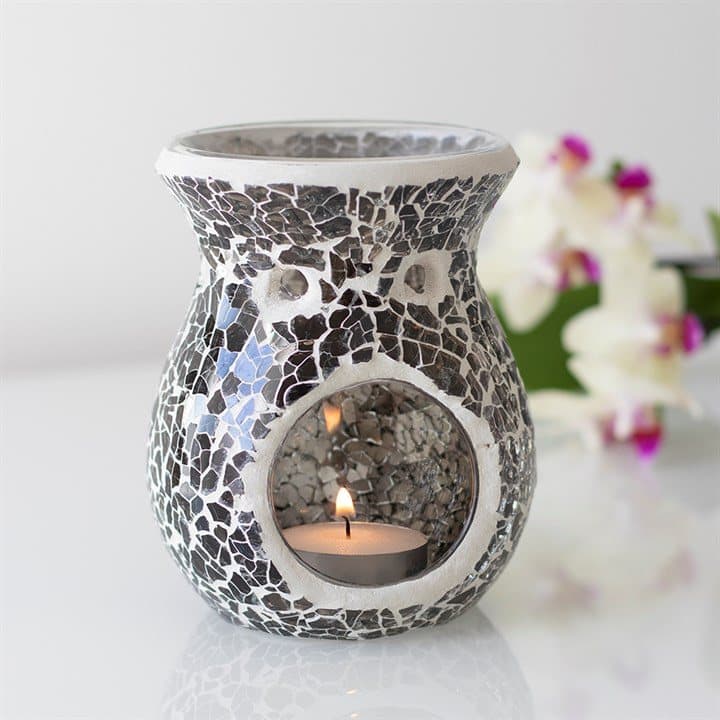 Small gunmetal grey oil burner with a mirrored crackle effect