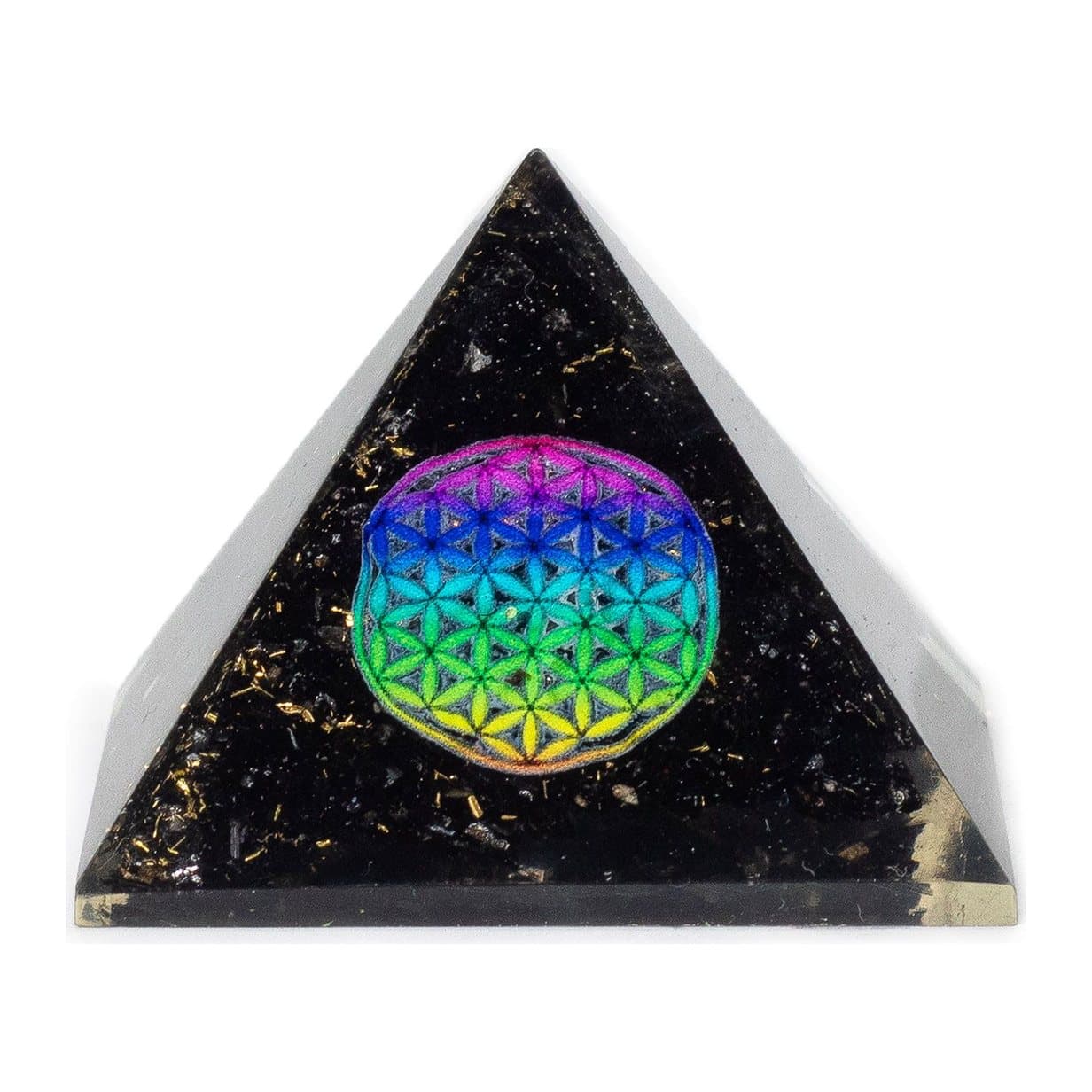 Small orgonite pyramid with Flower of Life design and black tourmaline chips