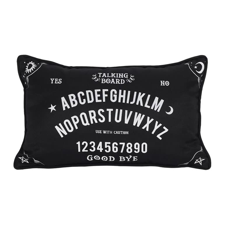 Black rectangular cushion with a white ouija talking board design