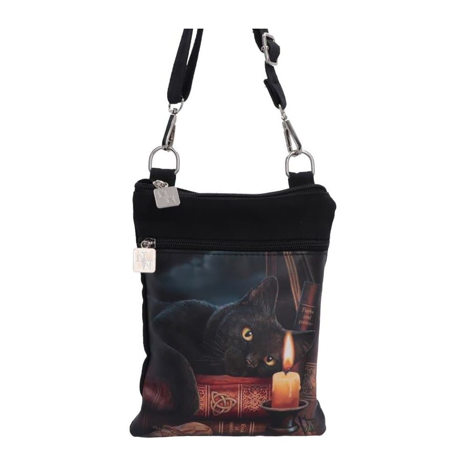 Shoulder bag showing a black witch cat on occult books beside a candlestick