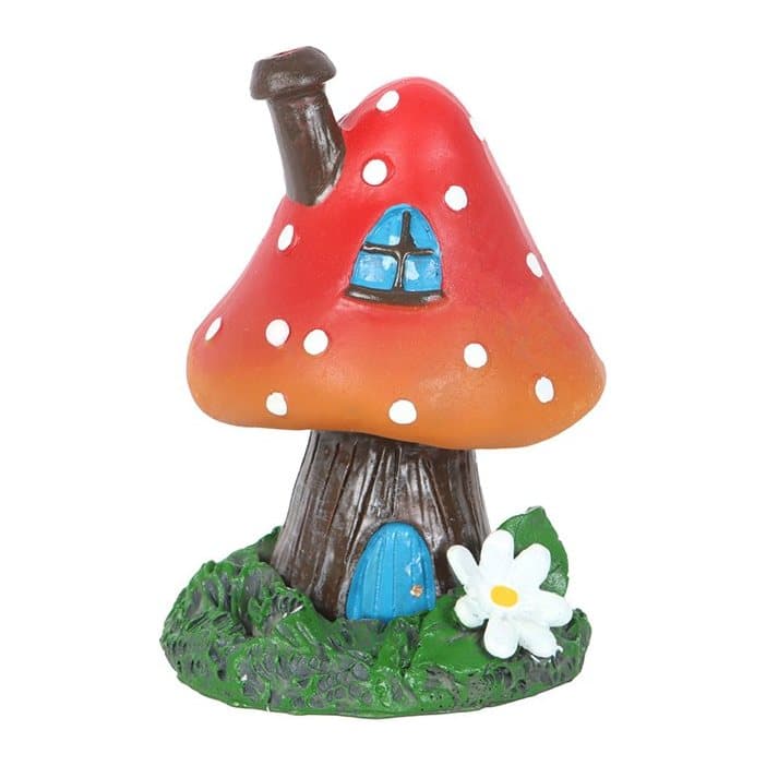 Red toadstool house incense cone holder with a chimney