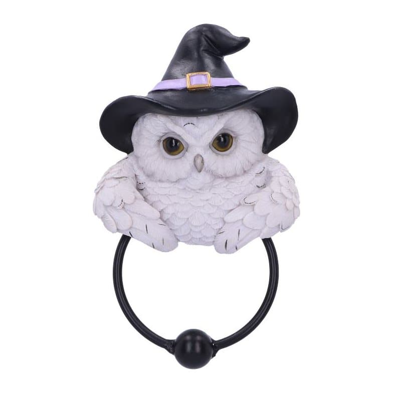 Snowy owl door knocker wearing a pointed black witch's hat, gripping a metal ring