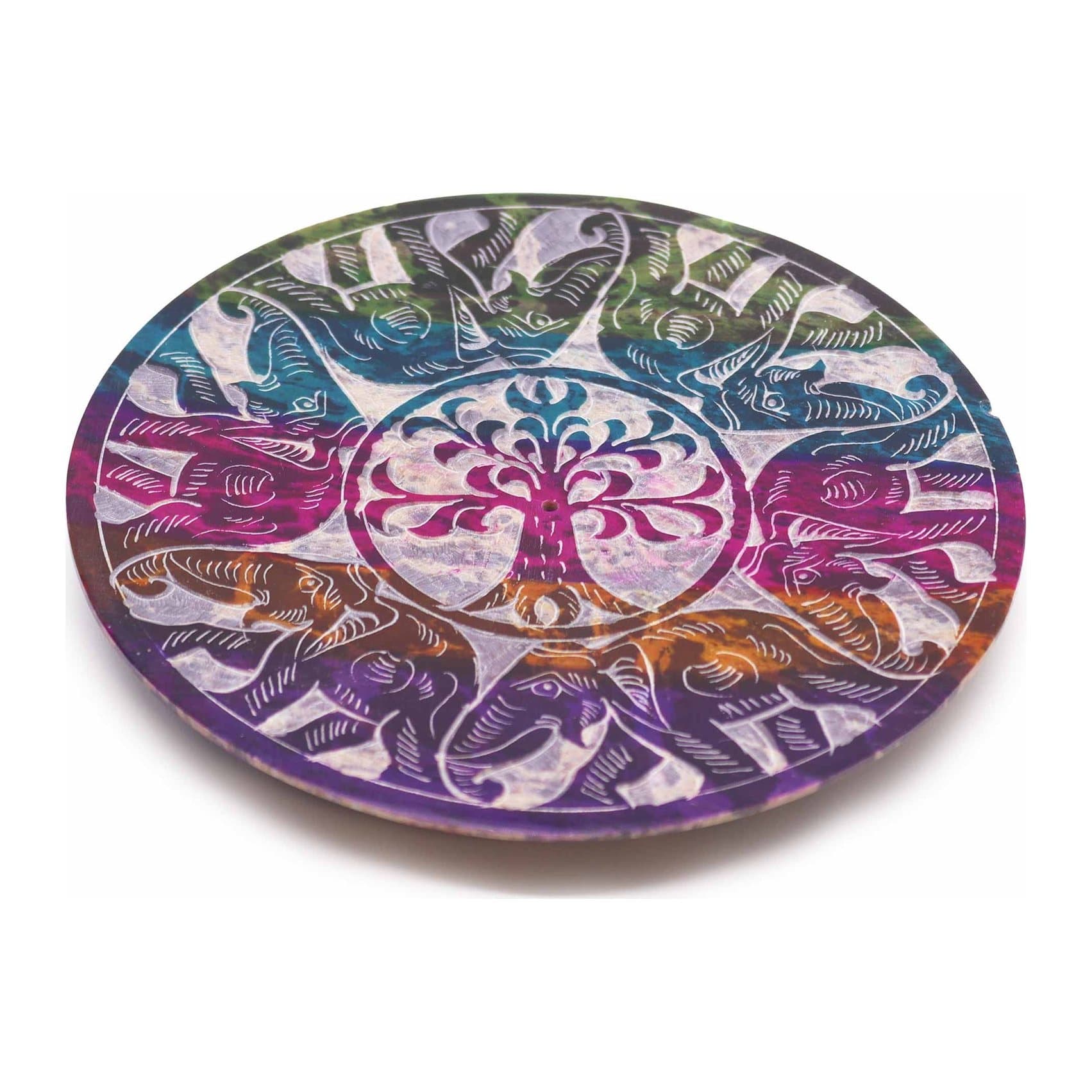 Soapstone disc incense holder with six elephants