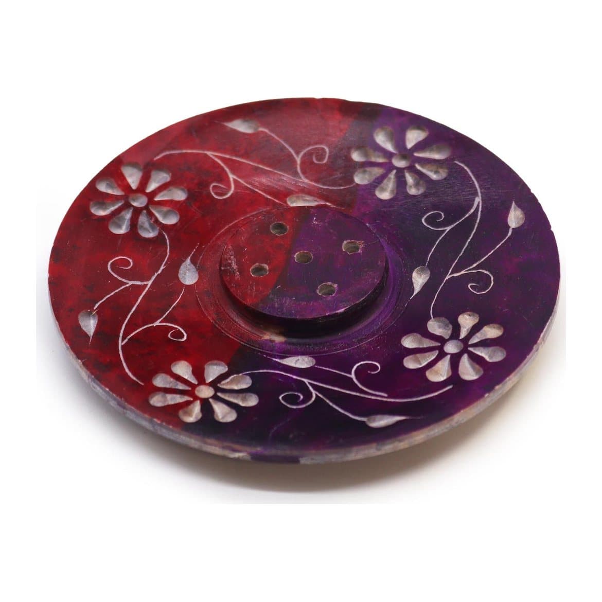 Soapstone disc incense holder with a floral design