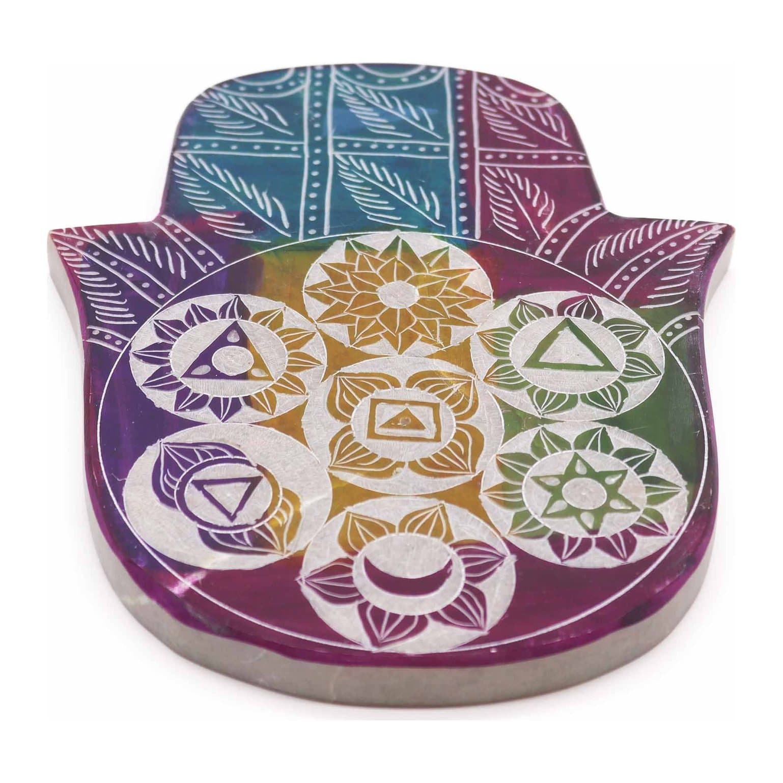 Large soapstone hamsa incense holder with a seven chakra theme