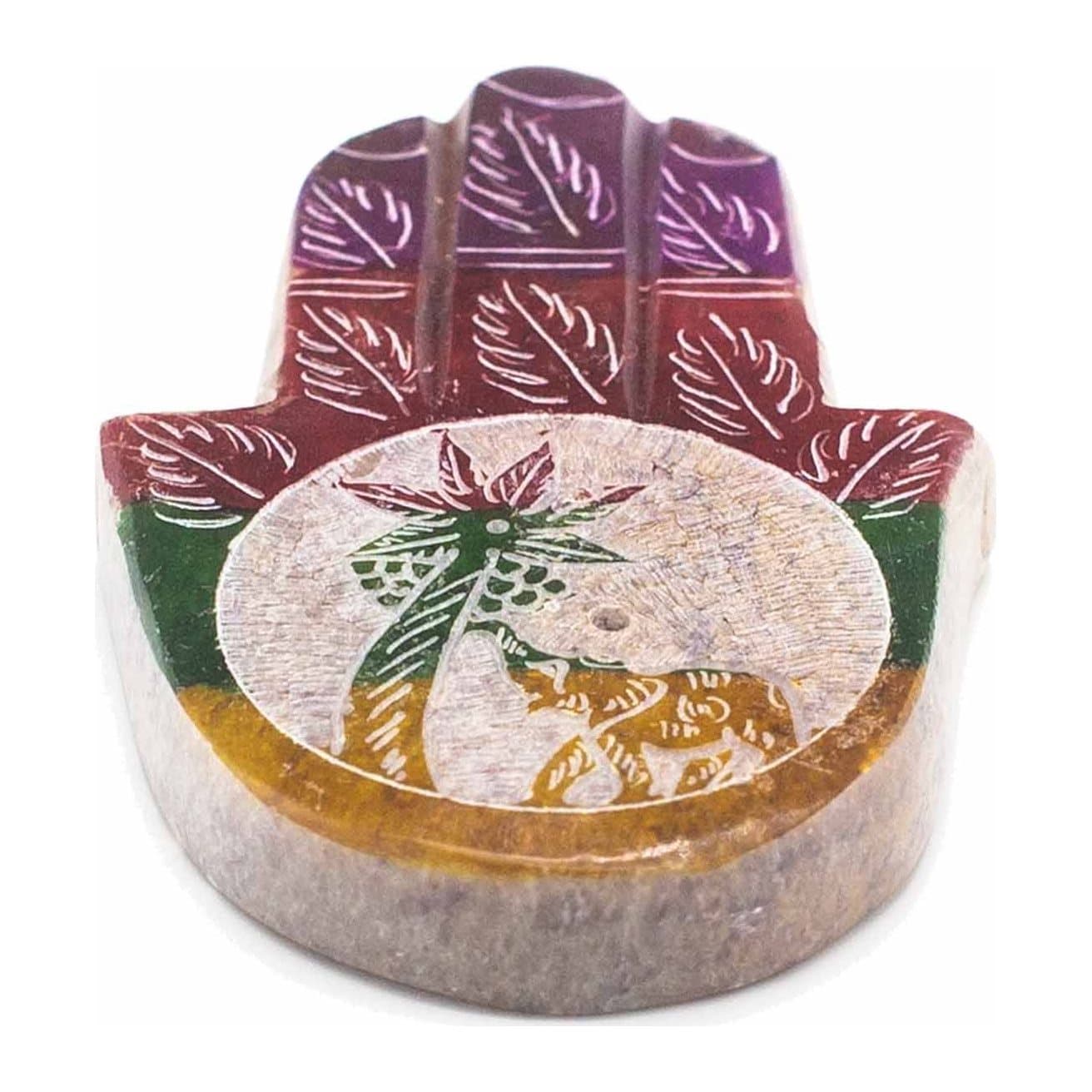 Soapstone Hamsa incense holder with elephant and palm design