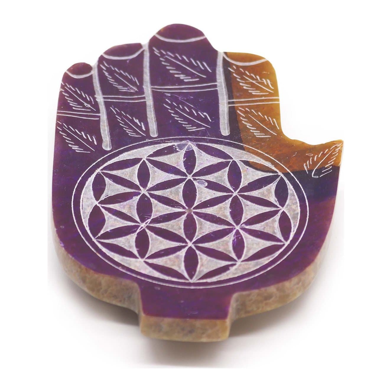 Soapstone hamsa incense holder with a Flower of Life design