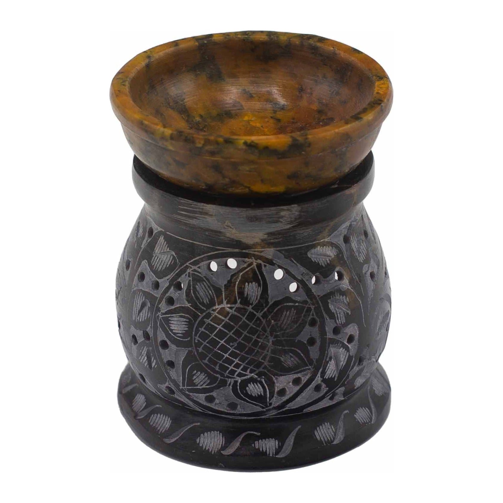 Black and yellow soapstone oil burner carved with a mandala flower