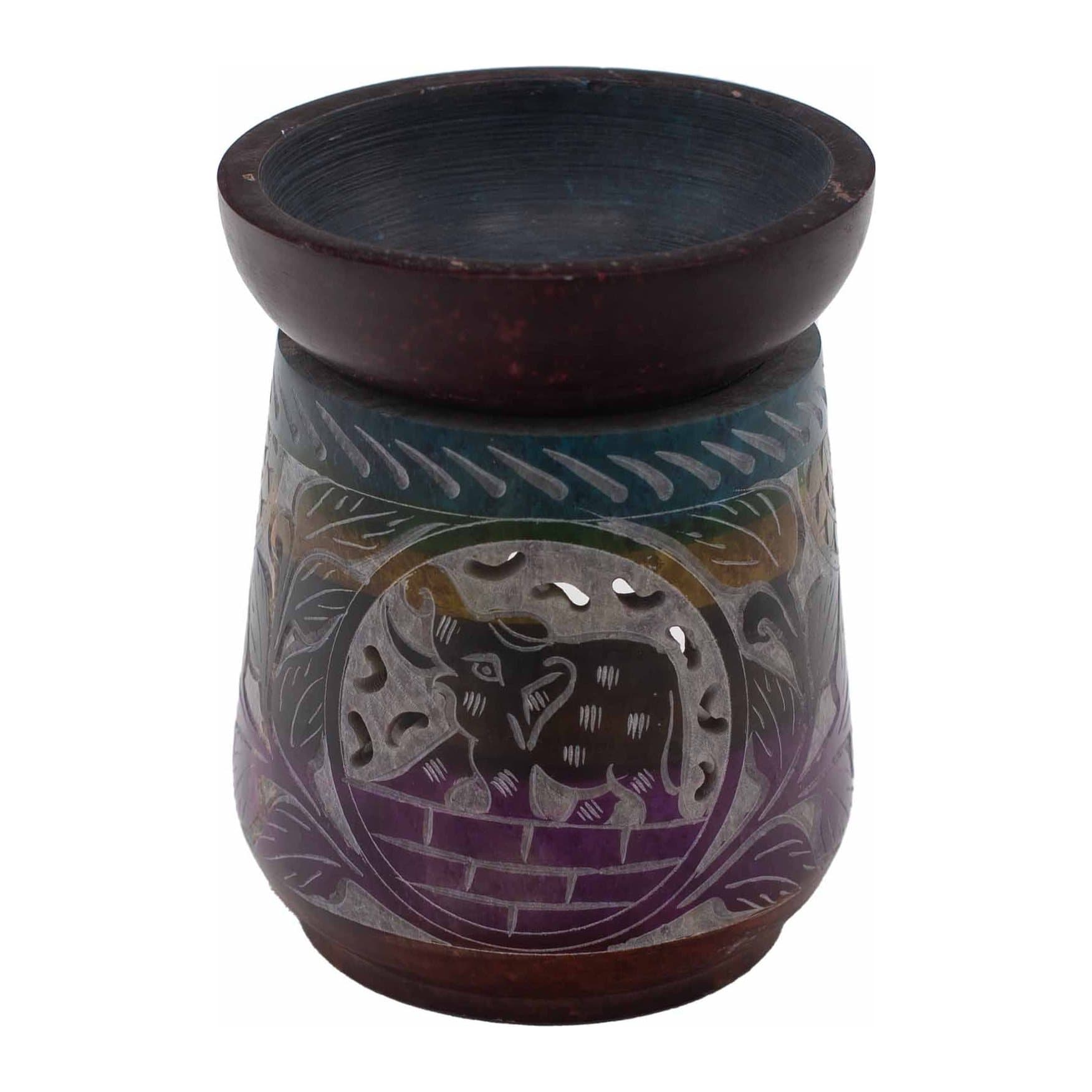 Soapstone oil burner with a hand-carved elephant motif in five colours