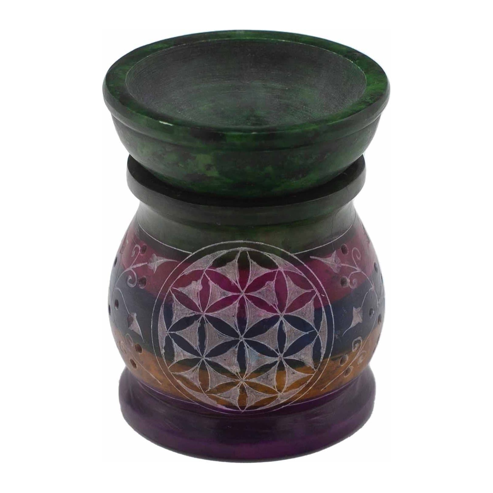 Soapstone oil burner with a five-colour Flower of Life design