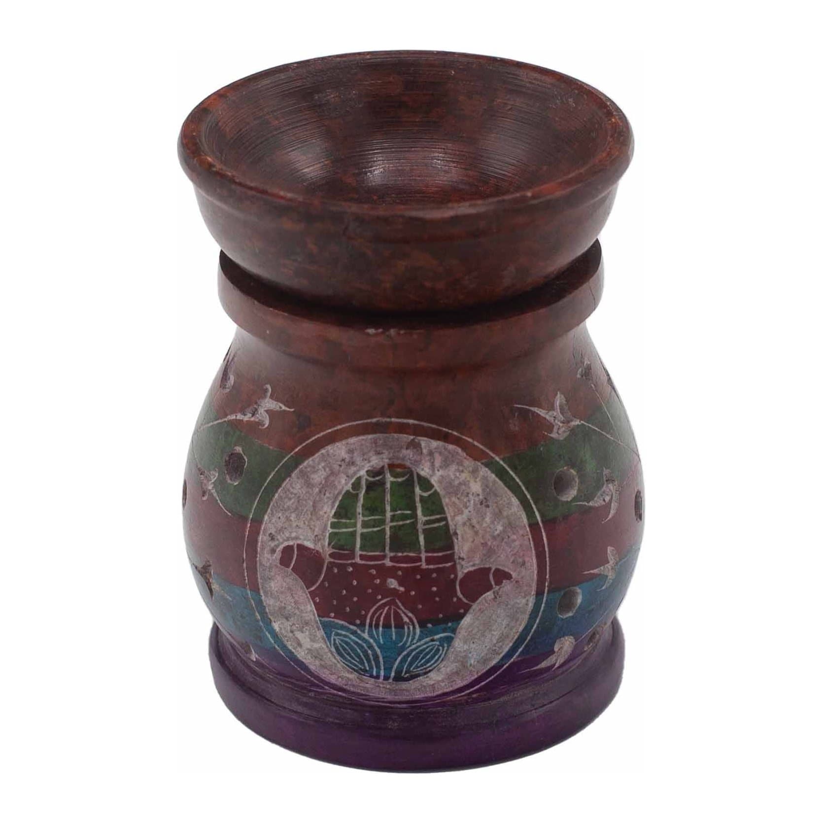 Soapstone oil burner with a colourful Hamsa hand design