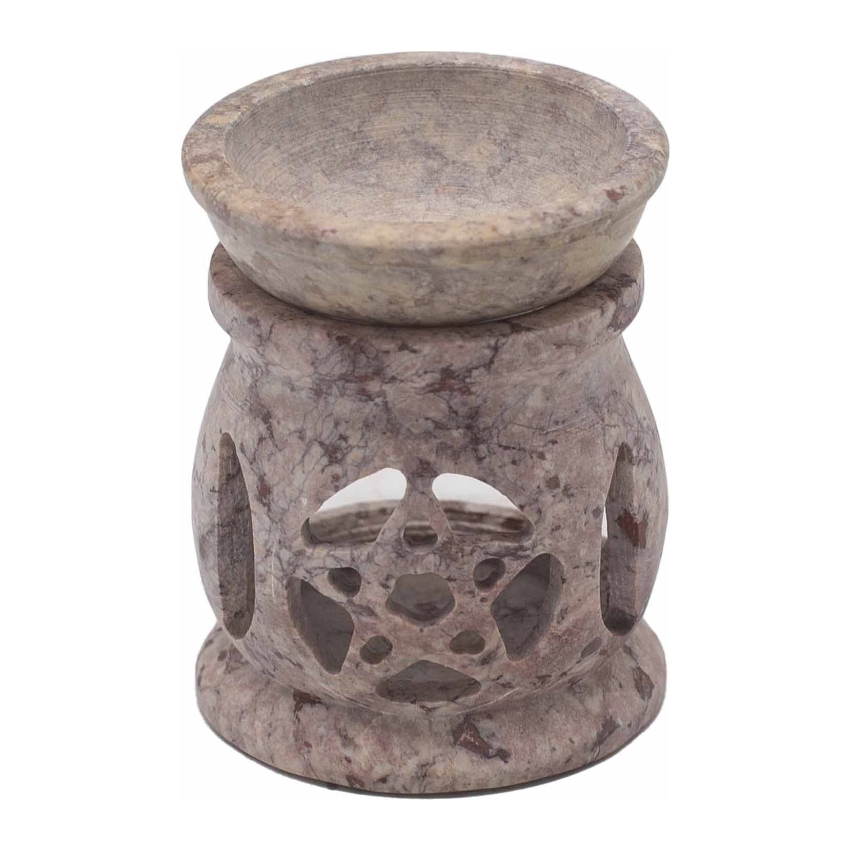 Small carved soapstone oil burner with a three moon pentagon motif