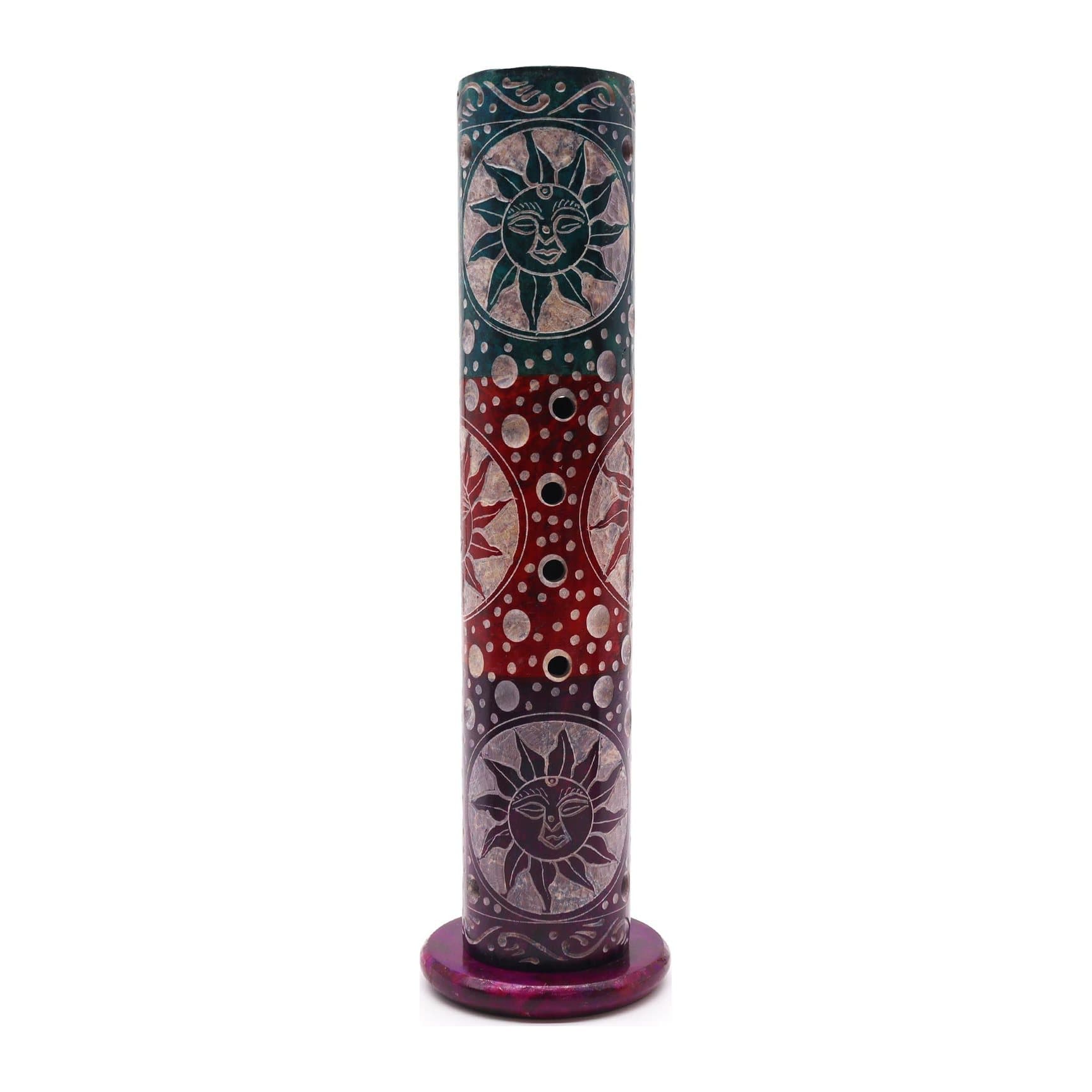Soapstone round tower incense holder with a suns design