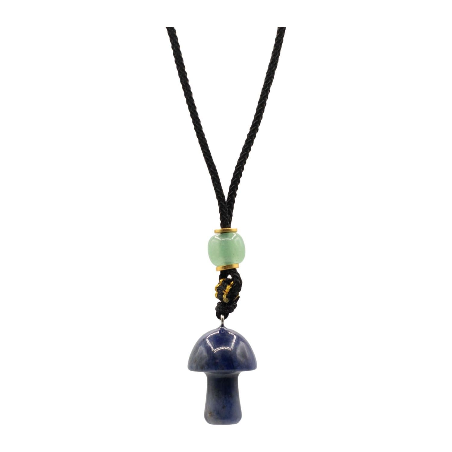 Blue sodalite mushroom pendant on a black cord necklace