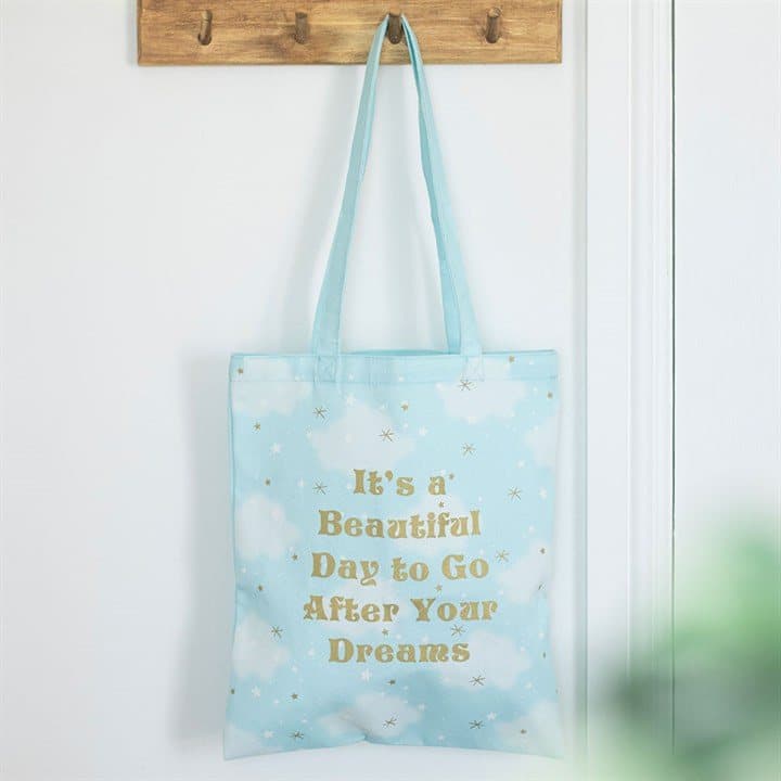 Cloud print tote bag with a positive message